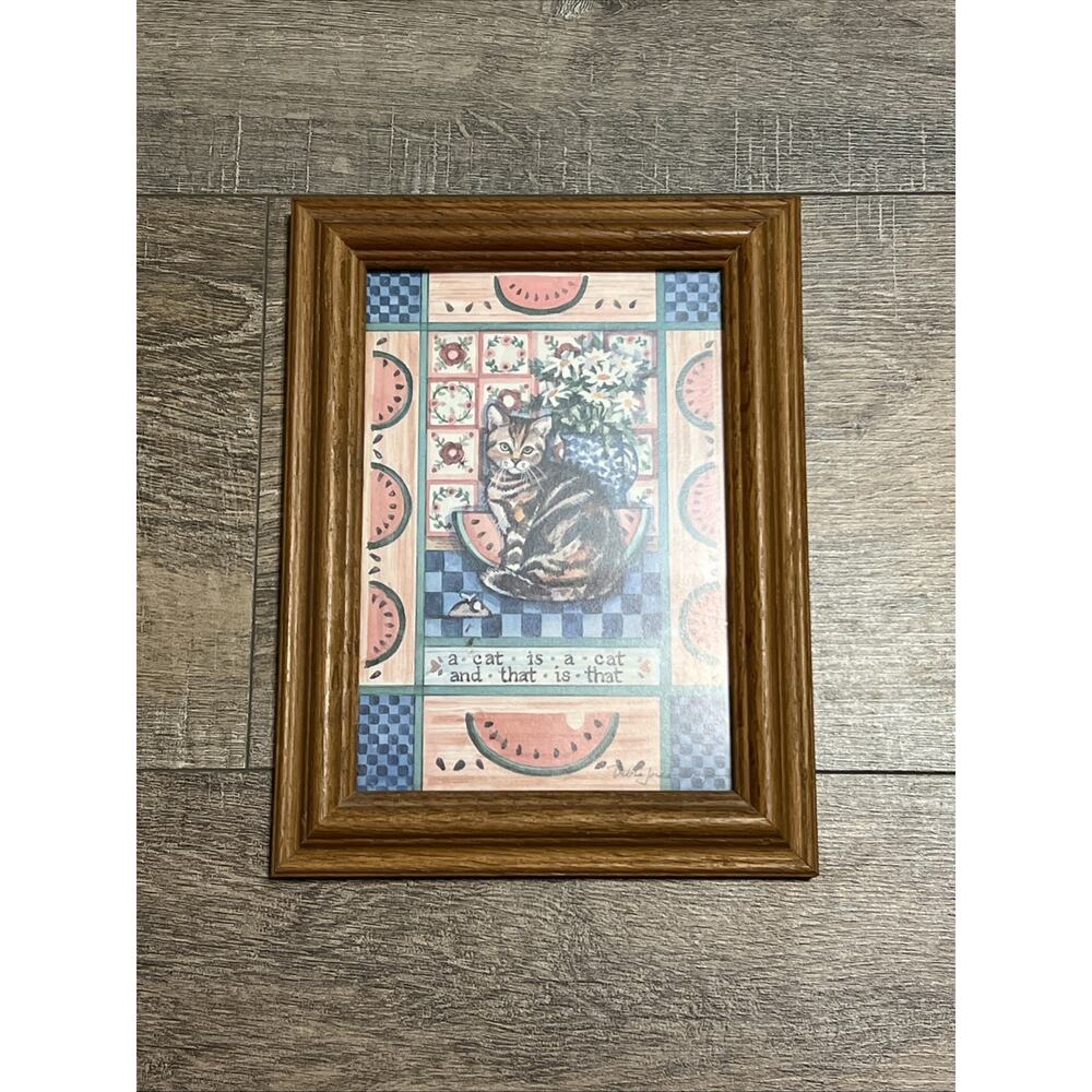 Vintage Framed Cat Picture Decor A Cat Is A Cat 80’s 90’s Cottage 9X7
